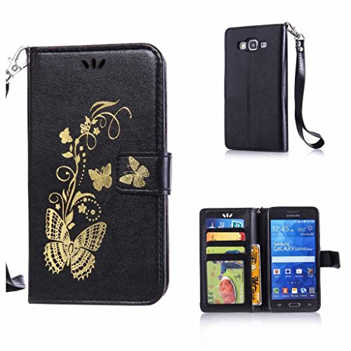Galaxy Grand Prime Hülle Ledertasche [mit Frei Hartglas Displayschutzfolie], KKEIKO® Schutzhülle PU Leder Tasche Hülle Case für Samsung Galaxy Grand Prime, Wickelfalz Handyhülle mit Bändselloch Standfunktion Karteneinschub und Magnetverschluss, Kratzfeste Lederhülle Flip Wallet (Schwarz #9)