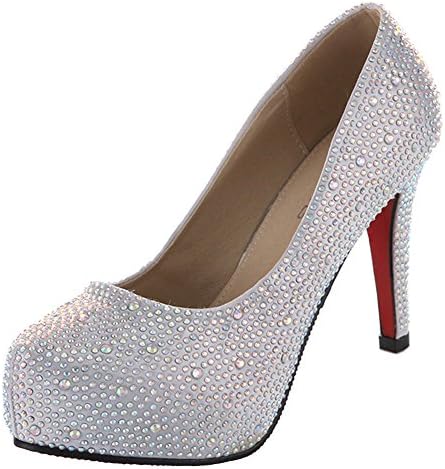 VELCANS Fashion Rhinestone Women Platform Proms High Heels Pump,Bridal,Party,Wedding Shoes (3.5 UK, Silver of High Heel:4.7")