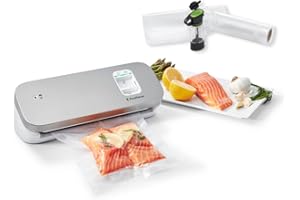 FoodSaver VS1191X macchina sottovuoto per alimenti compatta adatta a piccoli spazi sigillatura automatica, vasca raccogli-gocce e tubo per contenitori, 5 sacchetti e 1 rotolo 3mt inclusi, silver/nero