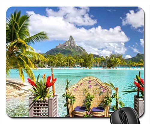 Tropical Flowers and Chair For Couple over clear blue aqua lagoon on paradise island Bora Bora Tahiti Mouse Pad, Mousepad (Beaches Mouse Pad)