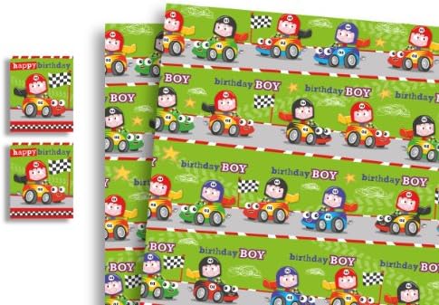 Childrens Luxury Gift Wrap x 5 Sheets & 5 Tags Racing Car