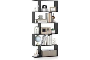 SFAREST 5/6 Tier Bookcase, Wooden S-Shaped Bookshelf, Freestanding Shelving Display Storage Organizer Unit for Living Room Study Room Office (Black, 70 x 24 x 158cm)