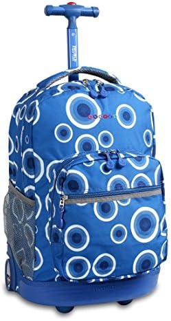 School rolling backpack with plastic bottom for extra protection. JWorld Sunrise model. Blue Target design.