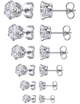 Sailimue 6 Paare Zirkonia Edelstahl Herren Ohrringe für Männer Frauen Kubisch Tunnel Ohrstecker Weiß 3-8mm