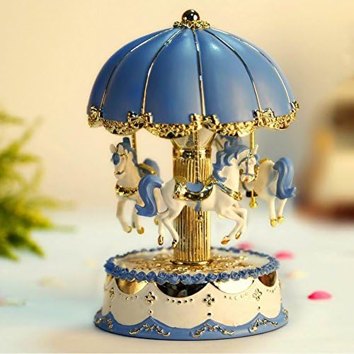 LIWUYOU Carousel Horse Music Box Christmas Night Light With Clockwork Colorful LED Illumination Rotate,Play the Castle in the Sky Tune Color Blue