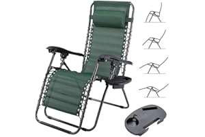 BAKAJI Sedia gravità Zero Sdraio da Giardino Poltrona Relax Pieghevole Salvaspazio con Vassoio Tubolari Acciaio 22mm Reclinabile Tessuto in Texilene Traspirante Terrazzo Piscina Esterno (Verde)