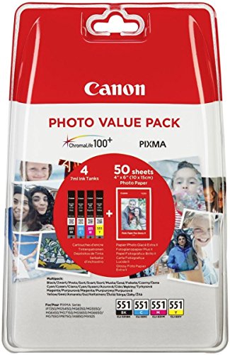 CANON CLI-551 Vorteilspack Blister 4x6 Foto Papier PP-201 50 Blatt + Cyan Magenta Gelb & Schwarz Tintentanks