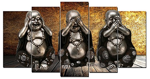 DekoArte 114 - Cuadro moderno en lienzo 5 piezas estilo zen tres budas ver, oir y callar, 150x3x80cm