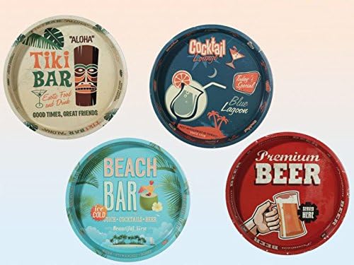 Tray round shape diameter 34 cm Vintage Design With Beer Cocktail Design Metal Pack of 1 beige