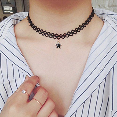 hosaire Collier für Damen Mädchen, Schwarz Classic Anhänger mit fünfzackigem Stern Spitze Tattoo lace-best Dekoration für Sommer Kleid - 4