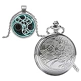 Yisuya Dr. Who Taschenuhr mit Halskette-Set, Gallifrey-Anhänger, Silberfarben, polierte Oberfläche, Retro-/Vintage-Stil, für Herren/Jungen, Quarzuhrwerk, leuchtend Blau, Zeitwanderer