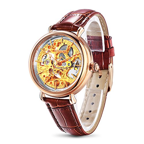 Time100 Damenuhr mechenische Skelett Uhr Automatik Leder Braun Gold #W60026L.02A Time100 Damenuhr mechenische Skelett Uhr Automatik Leder Braun Gold #W60026L.02A