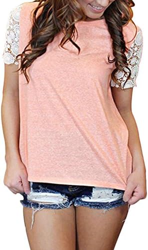 Women's Round Neck Lace Embroidery Short Sleeve Tops Basic T Shirts Blouse