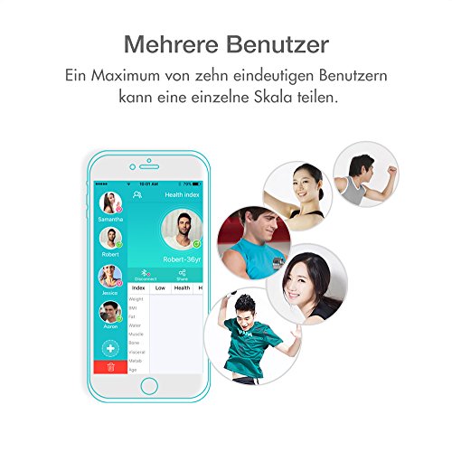 Smarte Digitale Körperfettwaage Gewichtswaage,multifun Personenwaage Körperwaage 5kg-150kg via Bluetooth Körperanalysegeräte inklusive Vermessung von Körpergewicht Körperfett Körperwasser Knochen und Muskemaße usw - 6