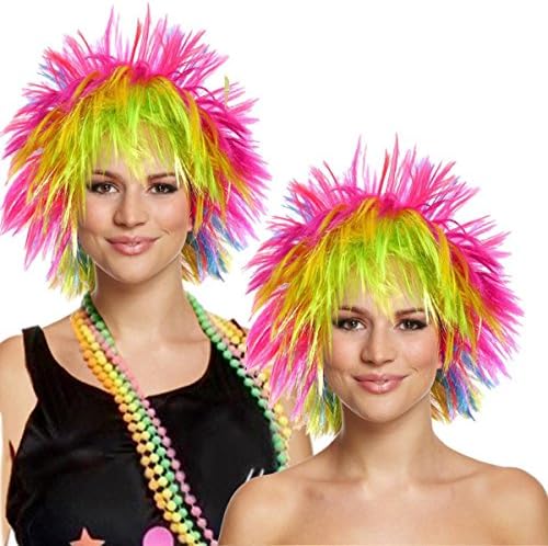 80s Rainbow Punk Rock Wig Multi-Coloured Neon Mullet Fancy Dress Costume Womens