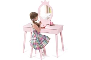 GOPLUS Toeletta Trucco Bambini, 2 in 1, con Specchiera Rimovibile, Tavolo + Sgabello, Cassetto Portaoggetti, in Legn, 70x34x100 cm, Rosa/Bianco