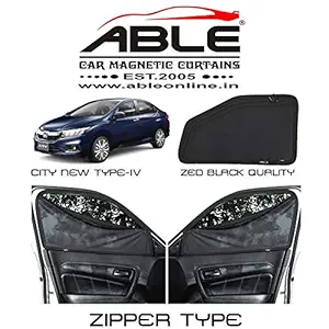 Able Zed Black Car Magnetic Sun Shade Curtains 4 Door with Zipper for Honda City Type-IV Set of 4 Pcs (2014 to 2019 Model)