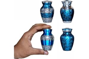 eSplanade Metal Mini Cremation Urn Keepsake Memorial Jar Pot Container - Set of 4 | Small Urns for Funeral Ashes Burial | Engraved and Textured Keepsakes | Blue - 3" Inches