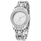 YOSIMI Damenuhr mit Analoganzeige und Armband Silber Luxuriöse Art Arabische Ziffern Runde Form mit Bling Kristallen und Leuchtenden Händen Wasserdicht