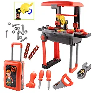 Toyshine Deluxe Plastic Tool Work Bench Convertible Suitcase Portable Role Play Toy Set with Accessories (46 Pieces, Colour May Vary)