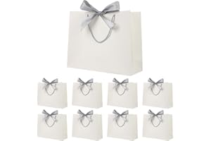 YIESEANG Paper Gift Bags with Silver Bow Ribbon,Portable Party Bags with Handles,Present Bags for Birthday,Weddings,Party Celebration,Baby Showers,12.6x9.8x3.9inches,(White,8 Pack)