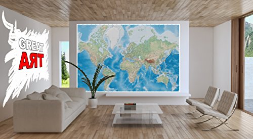 Fototapete Weltkarte Wandbild Dekoration Miller Projection im plastischen Relieffdesign Erde Atlas Weltkugel Landkarte Geographie Foto-Tapete Wandtapete Fotoposter Wanddeko by GREAT ART (336 x 238 cm) - 7