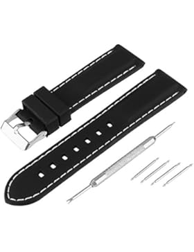 Beauty7 22mm Schwarz Silikon Uhrenarmband Uhrband mit weißer Rahmennaht silberen Schließe Schnalle Dornschließe...