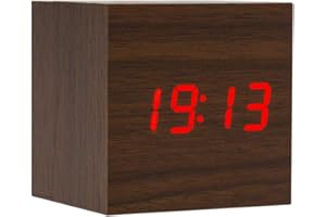 Lancoon Sveglia In Legno - Orologio Digitale Mini Cube A Led Con Display Di Data/Ora/Temperatura, Luminosità A 3 Livelli E Controllo Vocale Ideale Per I Viaggi In Ufficio - AC10Brown_Red
