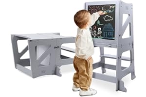 YOLEO Torre Aprendizaje Transformer, Torre Montessori para niños y bebés, Plegable Learning Tower con Pizarra Blanca y Negra magnéticas, Gris - Madera