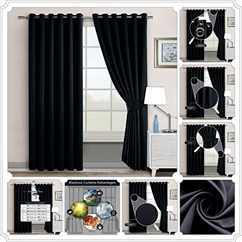 Sunrise Bedding Ring Top Thermal Blackout (66" Width X 54" Drop ,Black) Window Treatment Curtains Eyelet Curtains for Living Room with Matching Tie Backs (167cm x 137cm)