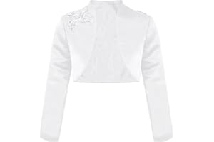 YiZYiF Enfant Fille Boléro Brodée Fleur en Satin à Manches Longues Cardigan Cape De Robe Soirée Demoiselle d'honneur Mariage Baptême Cérémonie Blazer Manteau 4-16 Ans