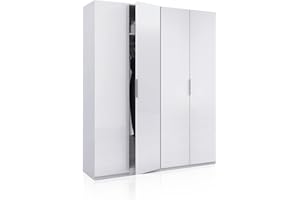 duehome | Armario 4 Puertas, Armario de Dormitorio, Color Blanco Brillo, Modelo Belar, Medidas 200 cm (Alto) x 180 (Ancho) x 52 cm (Fondo)