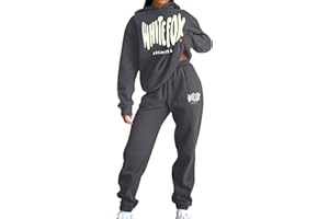 YUEXIRUI White Fox Tracksuit Womens Full Set 2 Piece Oversized Outfit Long Sleeve Pullover Hoodie and Loose Sweatpants Jogging Pants Activewear Sportwear Running Walking Hiking Track Suit