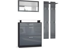 Vladon Garderobe Loret mini, Garderobenset bestehend aus 1 Schuhschrank, 1 Wandspiegel und 2 Garderobenpaneele, Schwarz matt/Grau Hochglanz