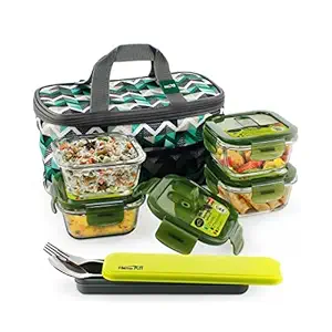 Home Puff Borosilicate Glass Lunch Box -Microwavable, AirVent Lid, Premium Carry Bag (2pc 320ml Square, 2pc 400ml Round Container)