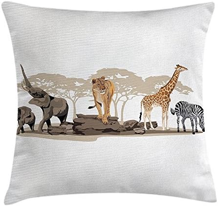 Safari Throw Pillow Cushion Cover, Illustration of Wild Savannahs African Animals Exotic Giraffe Lion Elephant Zebra, Decorative Square Accent Pillow Case, 18X18 Inches, Multicolor