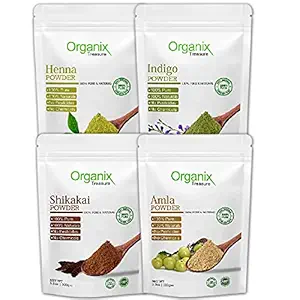 Organix Treasure Pure & Natural Henna Powder, Amla Powder, Indian Indigo Powder, Shikakai Powder - (Each 100 gm)