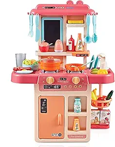 ZEKWON ENTERPRISE 36 pieces Plastic Kitchen Play Set, with Realistic Lights & Sounds, Play Sink with Running Water, Dessert Shelf Toy For 4 Year Old (Multicolour)