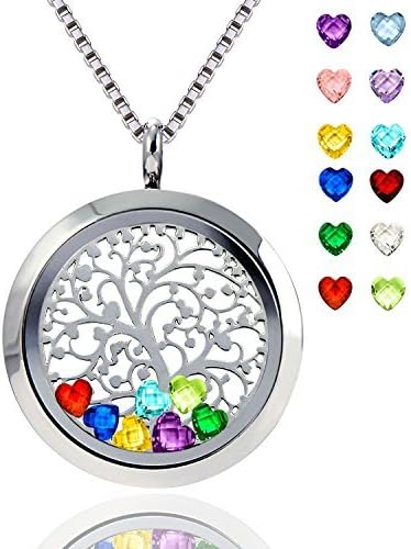 Floating Locket Pendant Necklace Heart Crystal Family Tree of Life Necklace All Birthstone Charms Include