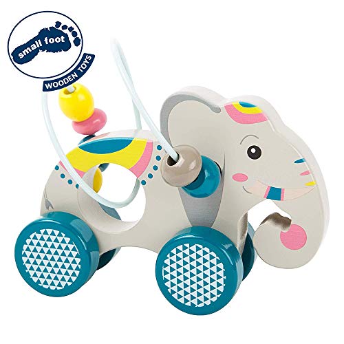 small foot 11088 Éléphant à pousser  "Jungle" en bois, avec circuit de motricité et motif coloré, à partir de 12 mois