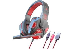 BIGTHREE H3 Pro Gaming Headset, 7.1 Surround Sound Over-Ear Headphones with Noise Cancelling Mic, LED Lights & Memory Foam Earmuffs for Desktop computer usage (Black-Red)