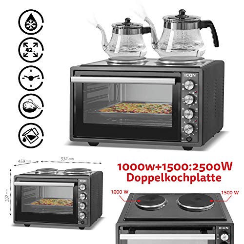 ICQN 42 Liter Mini-Backofen mit 2 Kochplatten und Umluft | Innenbeleuchtung | Pizza-Ofen | Doppelverglasung | Gitterrost | Timer Funktion | Emailliert – Bild 3