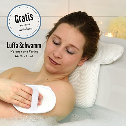 Hochwertiges Badewannenkissen zur angenehmen Polsterung von Kopf, Nacken und Schultern – rutschfester Halt durch Saugnäpfe – inkl. GRATIS Massage Schwamm – Nackenkissen, Wannenkissen, Komfort Badekissen - 7