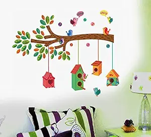 AH Decals Birds in The Cage Vinyl Wall Stickers for Home Living Bed Kids Room | Multi-Colors (Bird House)