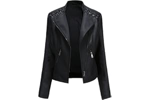 LIEVETY Women's Faux Leather Moto Jacket Zip Moto Pu Leather Biker Jacket Coat with Pockets Outwear Slim Coat