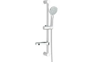FYHEAST Barre de Douche 65cm, Support Pommeau de Douche avec Porte-Savon, Chromé Barre de Douche Acier Inoxydable, Douchette avec 5 Modes, Flexible Douche 150cm