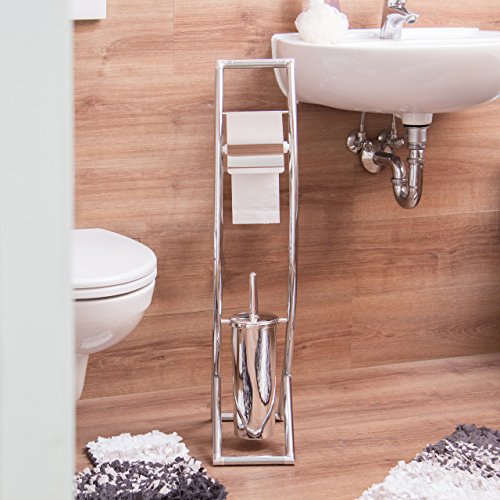 Relaxdays WC Garnitur CURVY HBT: 81 x 17 x 30 cm Toilettenbürstenhalter aus Metall in Edelstahl-Optik mit Toilettenpapierhalter und Klobürste als Klopapierhalter freistehend WC Bürstengarnitur, silber - 2