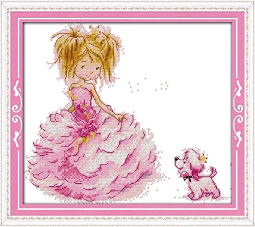 Chreey Dog &amp; Its Owner Series - The Pink Princess and Dog Cross Stitch Fashion Crafts Home Art Decoration [33x30cm]