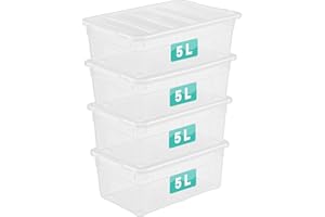 Optimal Products 4 x 5 Litre Storage Boxes With Lids Set of 4, Clear Multipurpose Nestable Stackable Plastic Storage Box With Lid Clear Containers For Home, Kitchen, Garage, Office, Accessories
