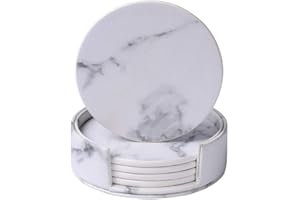 KNOWING Sottobicchieri Marmo, 6 Pezzi Sottobicchiere Rotondo in Pelle di Marmo, Impermeabile, con Supporto, per la Casa, l'Ufficio e la Cucina, Sottobicchiere in Vetro per Bevande da tè e Caffè (Blanco)